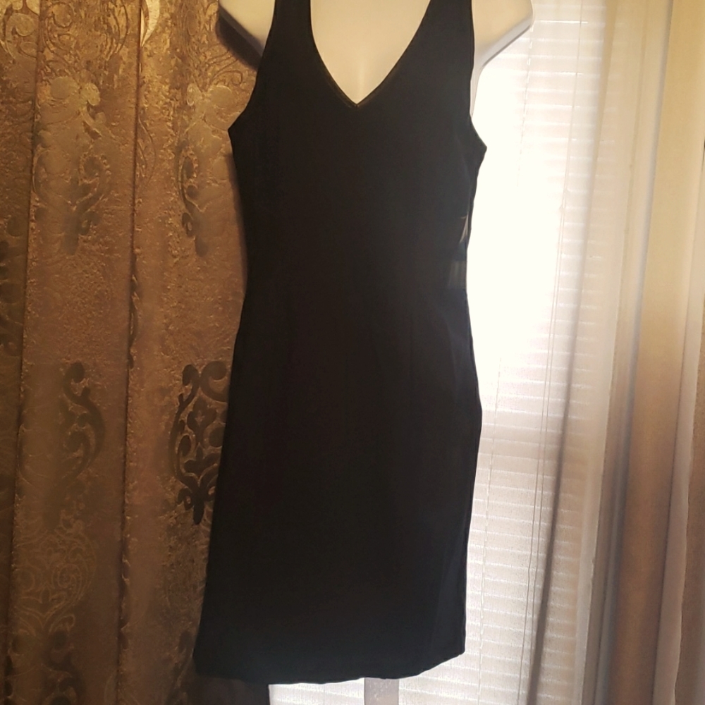 Navy blue dress w faux leather @ waist and criss cross back straps